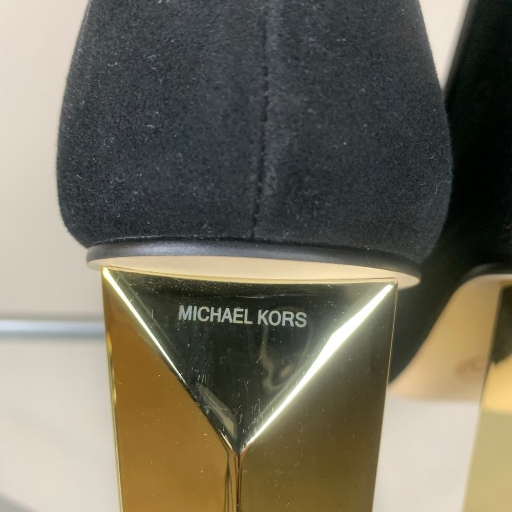 Michael Kors Black Microfiber Ankle Boots with Chunky Gold Heel NWOT - Picture 4 of 12